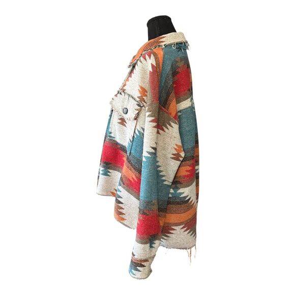 La Miel  Blanket Shirt Jacket Boho Southwest Aztec Shacket Distressed - Picture 3 of 10